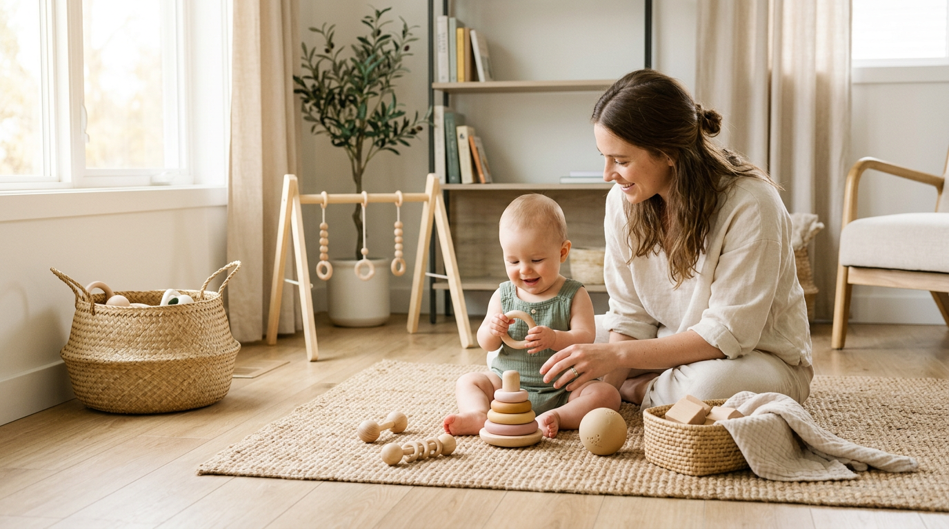 Wooden baby play items on a neutral playmat in a living room
