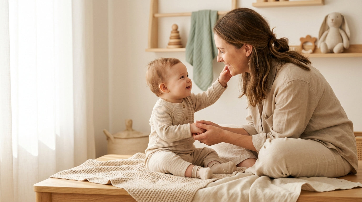 Tired dad holding baby in organic cotton while singing in nursery