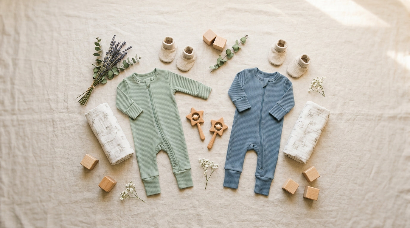 Messy flatlay baby announcement with organic cotton onesies and a positive test