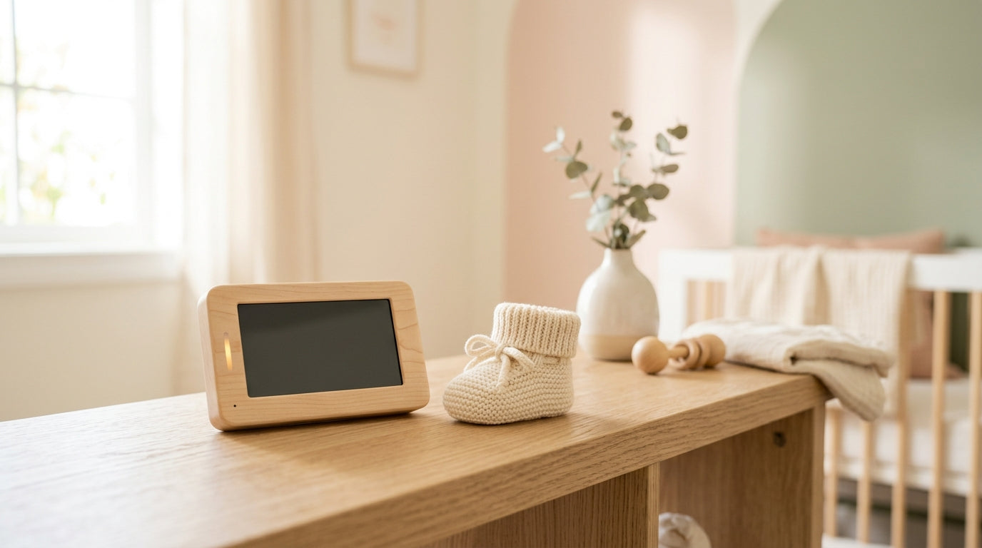 Mother looking at a smartphone with a concerned expression in a dim living room