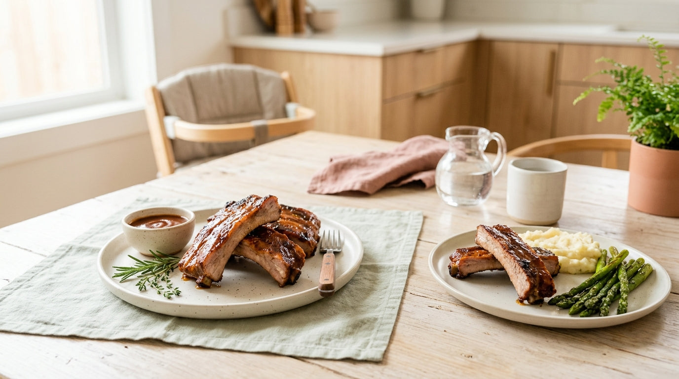 Messy toddler eating dinner at a table covered in barbecue sauce