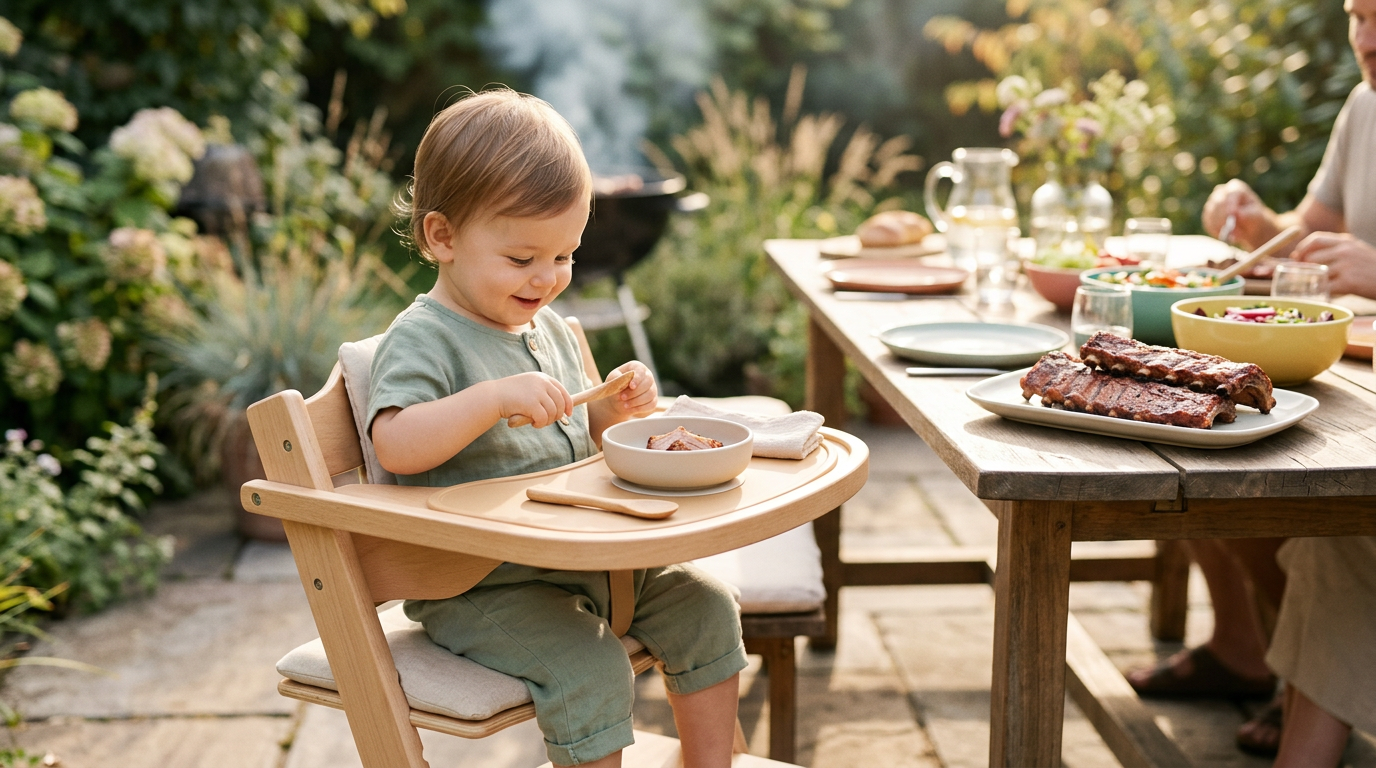 Toddler reaching for a plate of barbecue ribs on a bamboo blanket