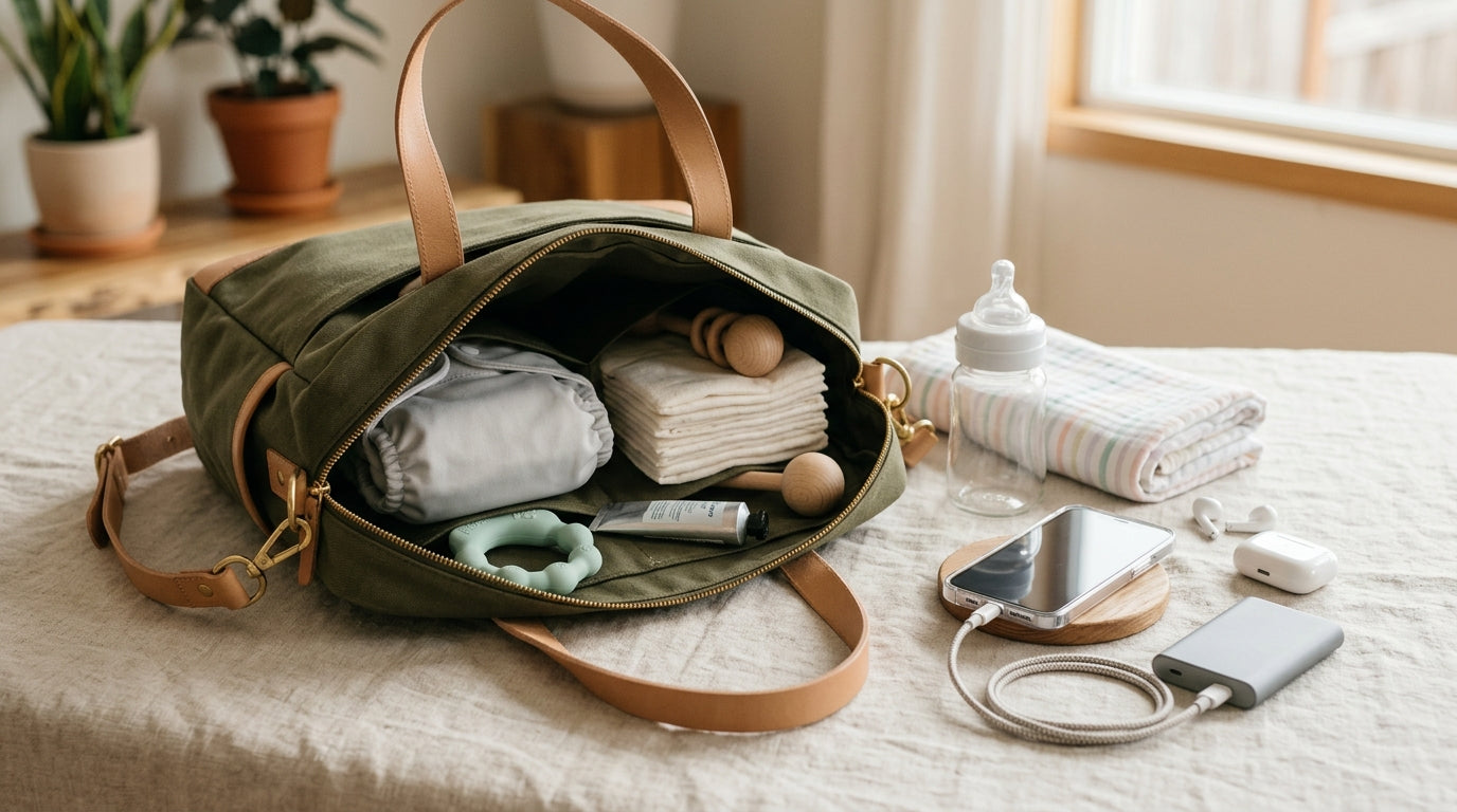 A tired dad holding a baby backpack while examining a baby covered in a messy blowout