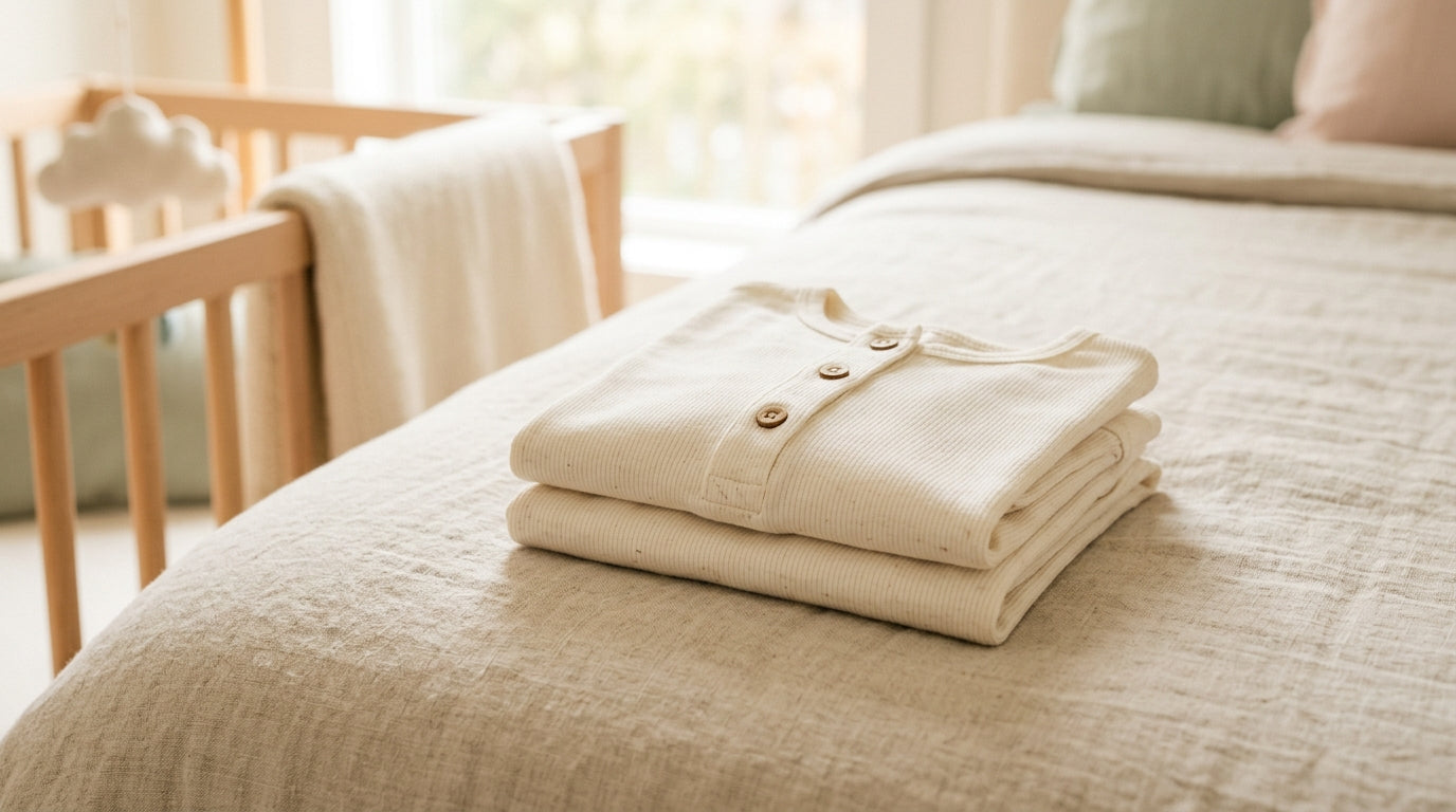 A sleeping baby wearing snug-fitting stretchy bamboo footie pajamas.