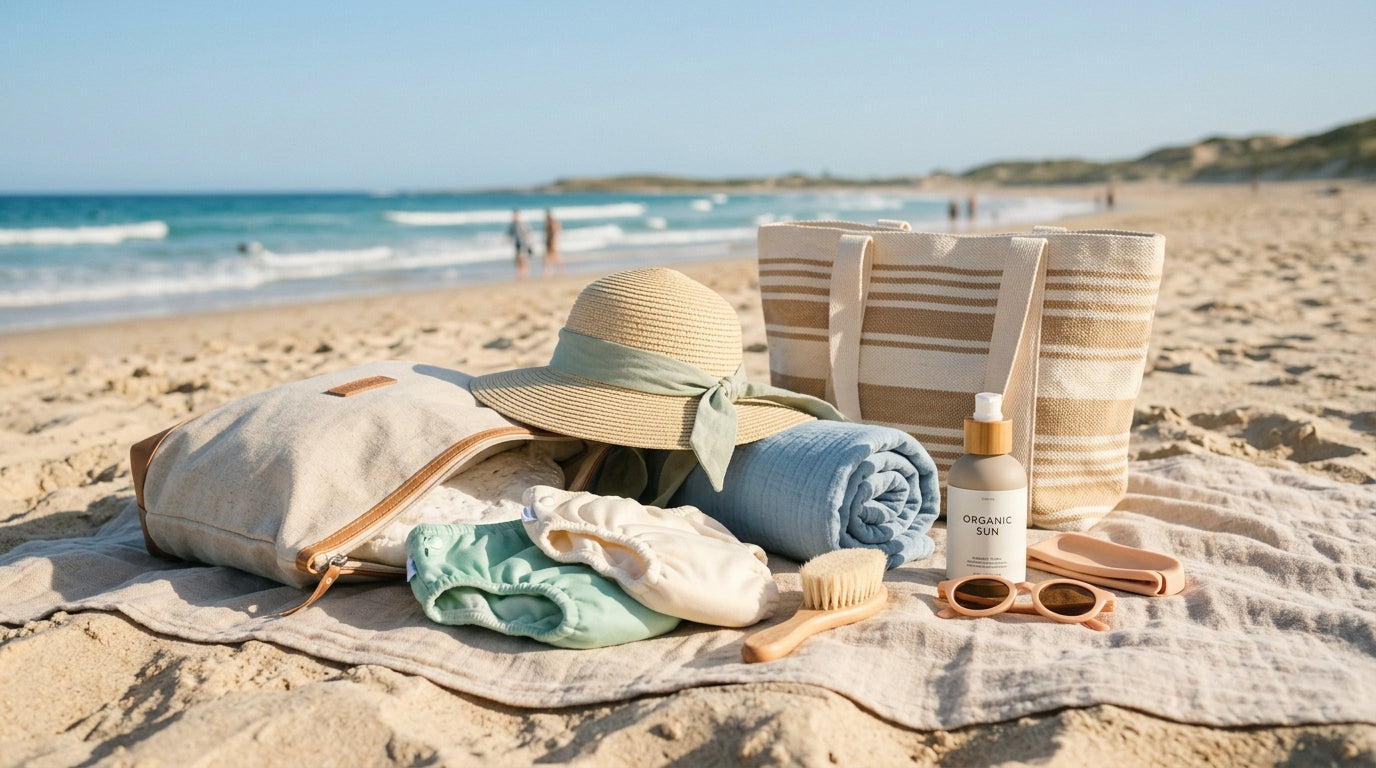 A tired dad sitting on a sandy beach surrounded by chaotic baby gear
