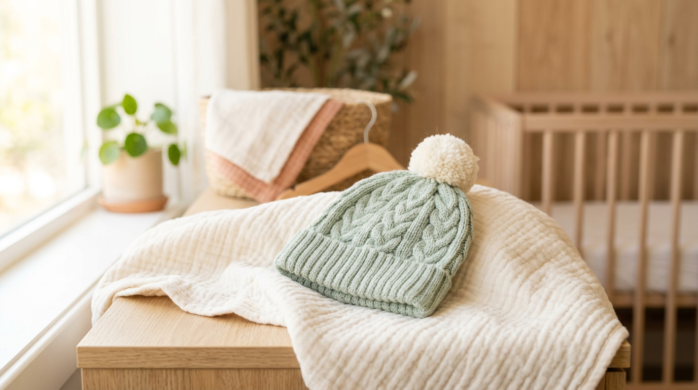 A bewildered dad holding a tiny organic cotton baby beanie in a nursery.