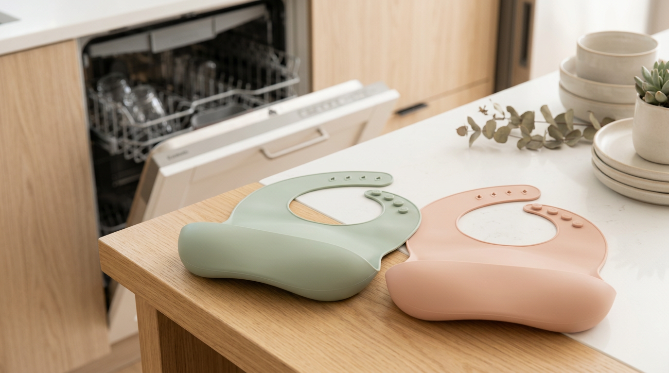 A confused dad looking at a messy high chair and a green silicone baby bib.