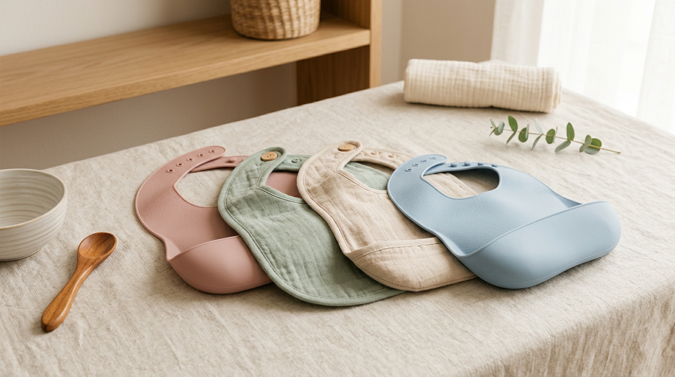 A tired mom holding a baby covered in milk wearing a soft cotton bandana bib