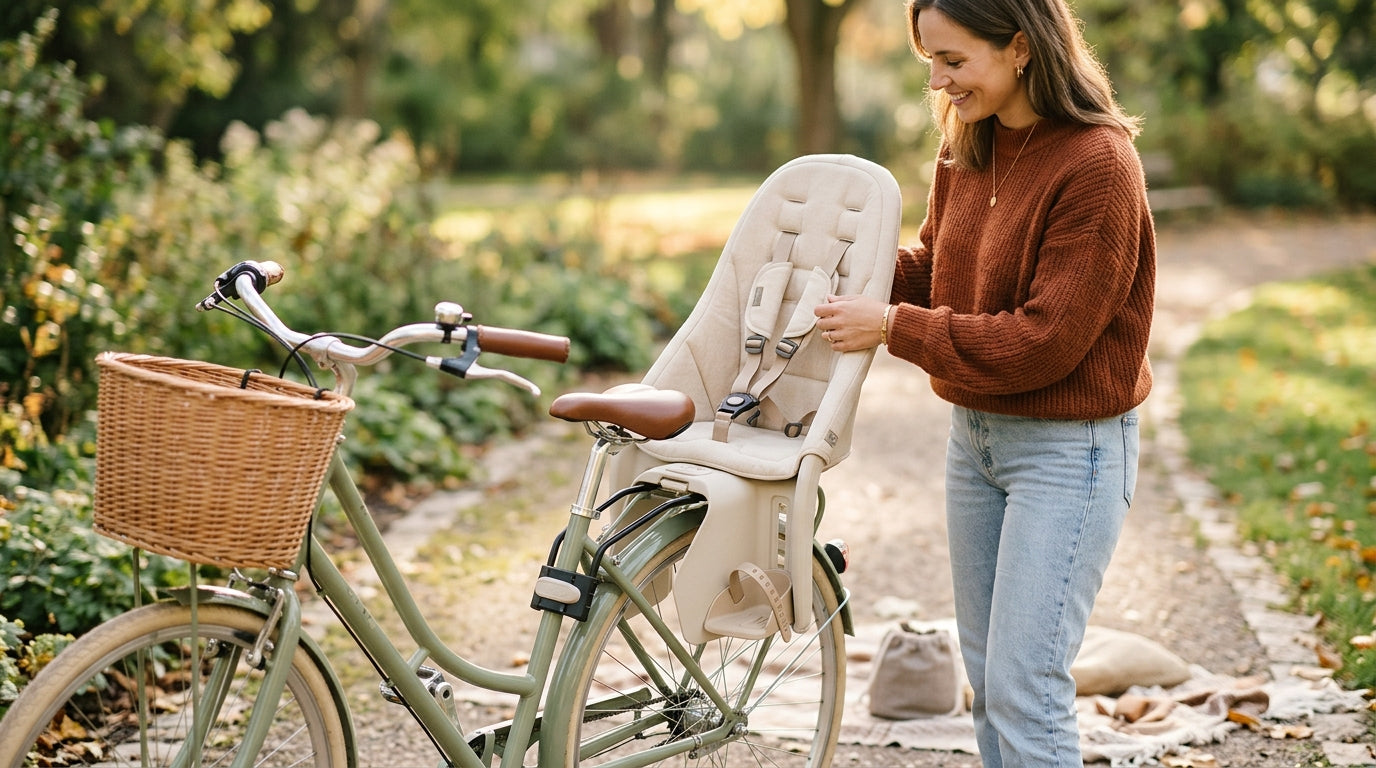 Mom riding a bicycle with a toddler in a rear-mounted seat on a rural dirt road