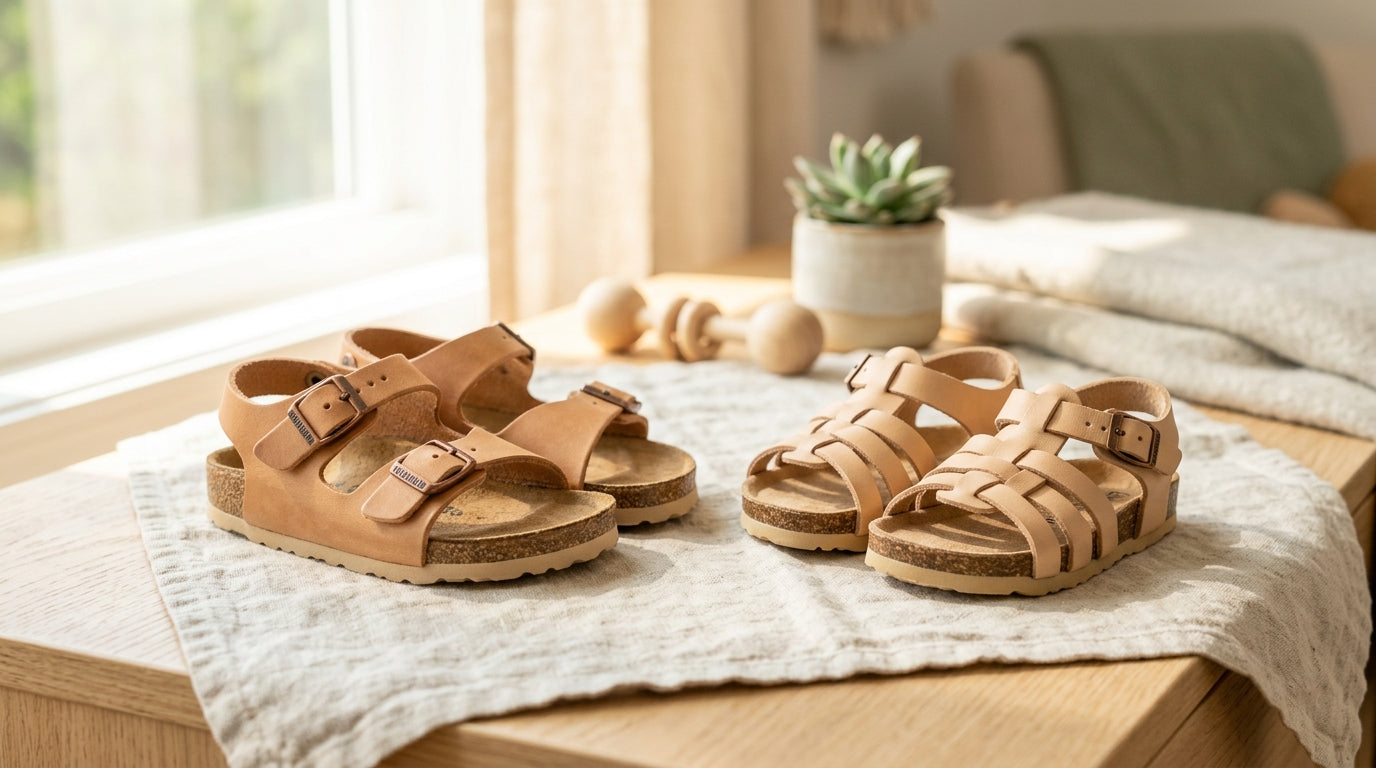 Toddler wearing small cork sandals on grass