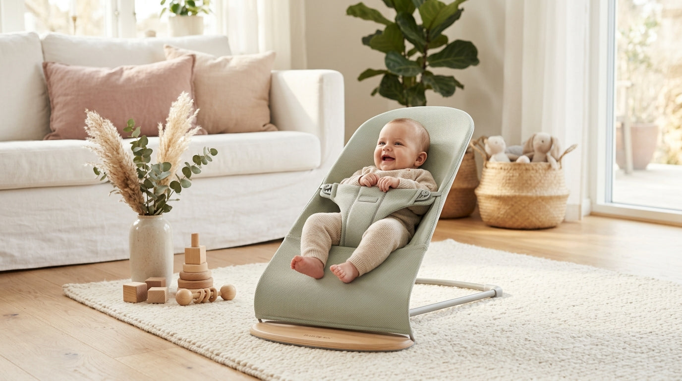 A very tired dad staring at a Swedish bouncing baby chair in the kitchen