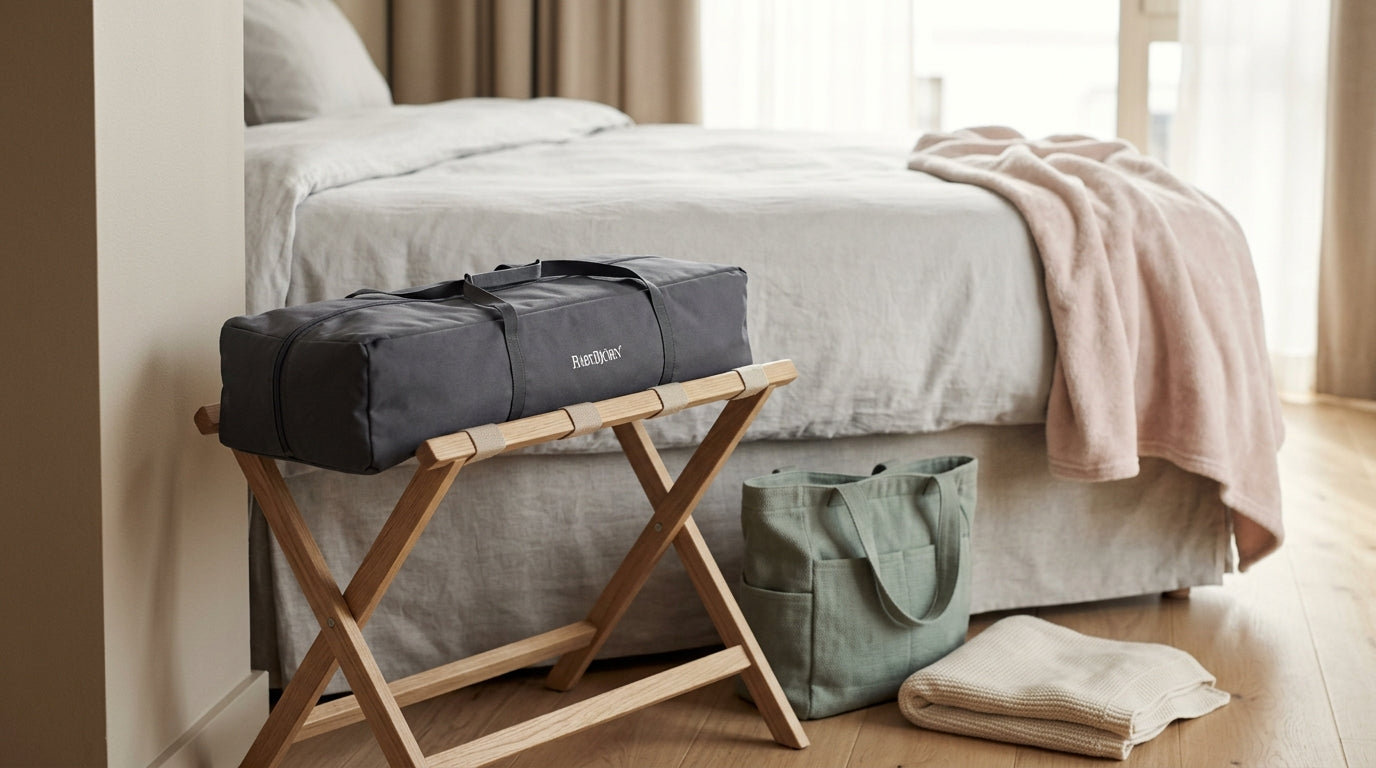 A sleek black travel cot fully set up in a messy hotel room
