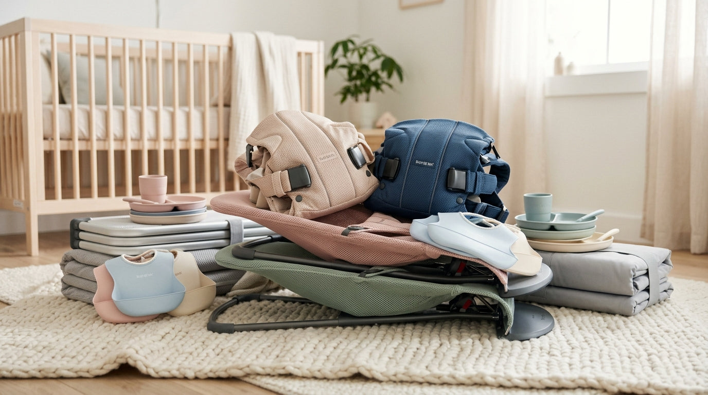 A tired British dad wearing twin girls in dark grey Swedish carriers while attempting to drink cold tea.