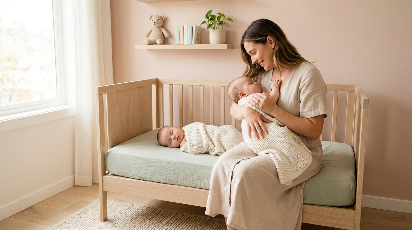 An unplugged flat iron cooling precariously close to a crawling baby on a tile bathroom floor.