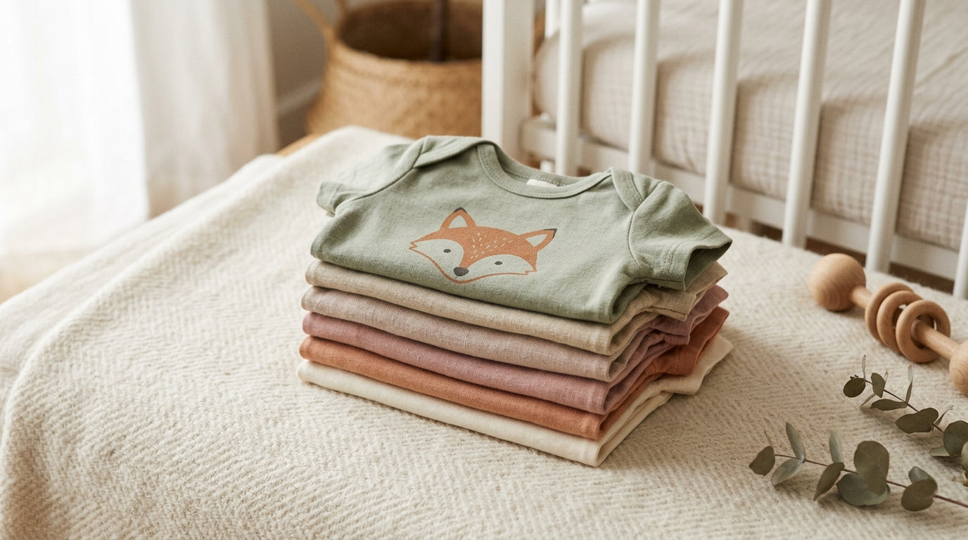 A pile of cheap funny baby bodysuits next to a rash cream