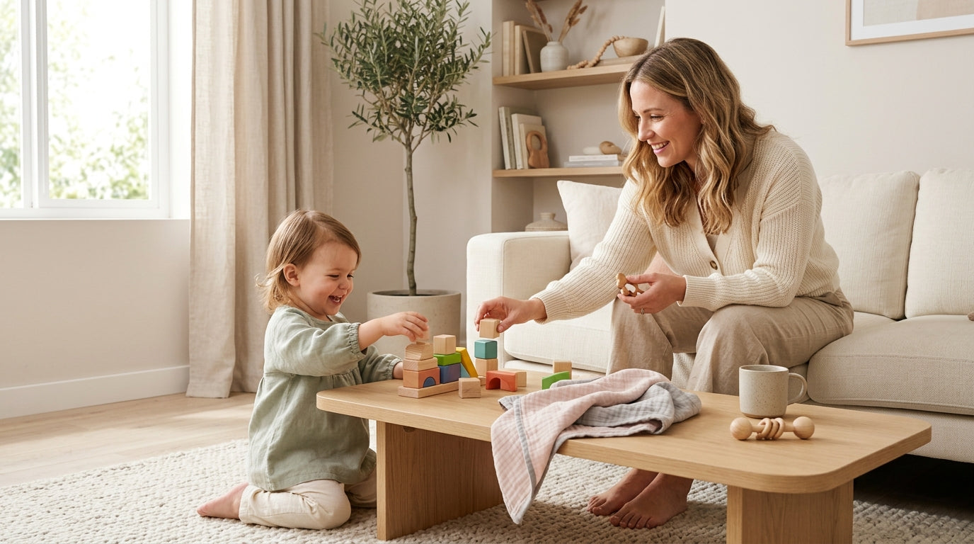 Millennial mother holding her toddler while looking at her aging parents in a messy living room