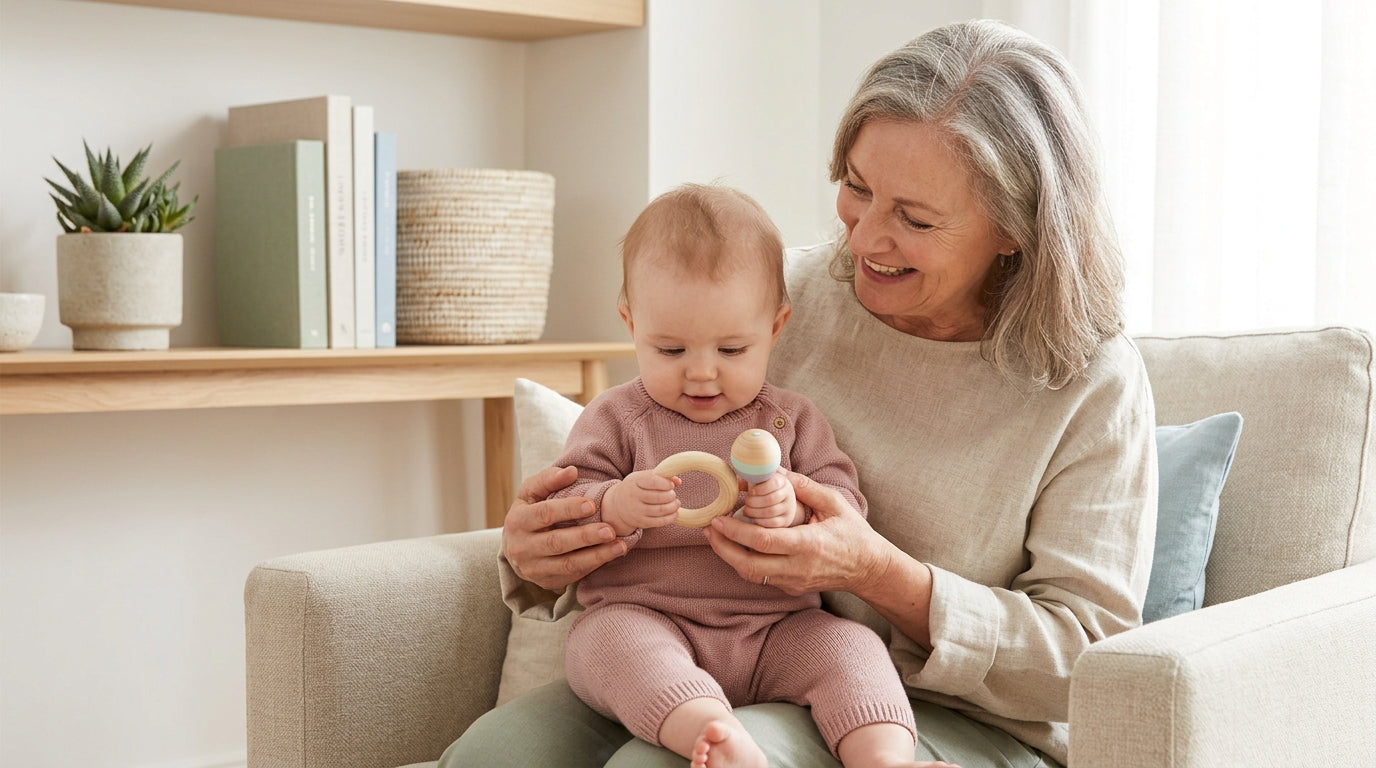 A bewildered grandparent holding a modern baby item while a tired dad looks on
