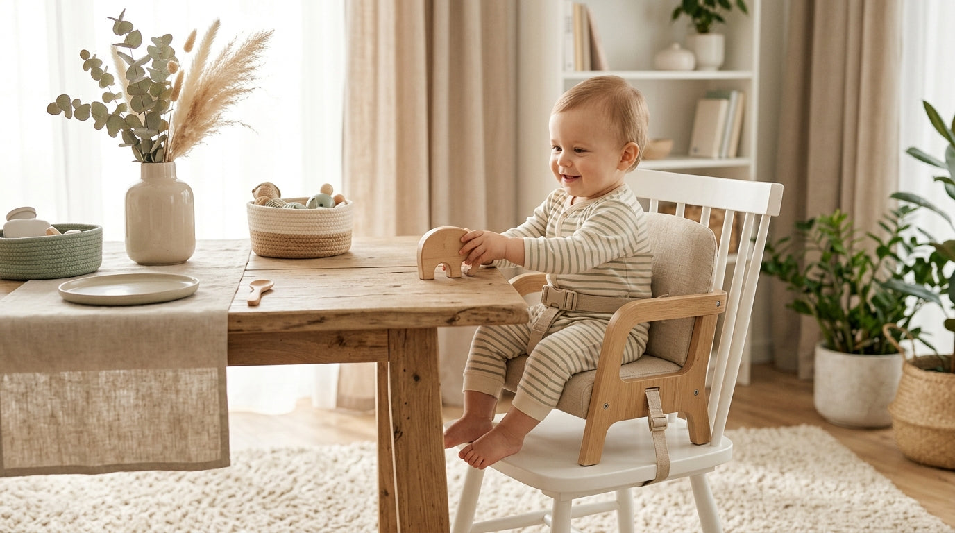 A messy minivan backseat with a booster seat and cracker crumbs everywhere