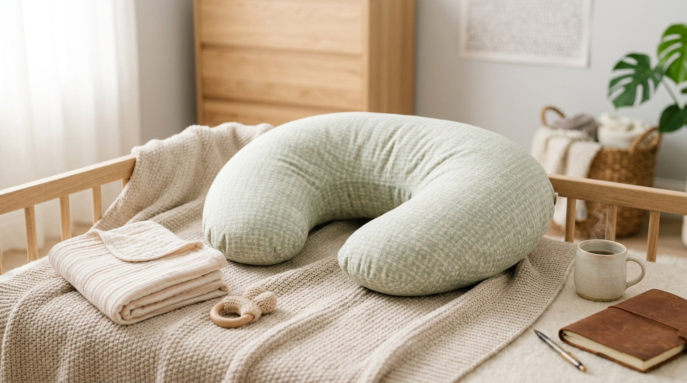 Twin babies awake on a playmat while a tired dad holds a green dinosaur toy and a nursing pillow