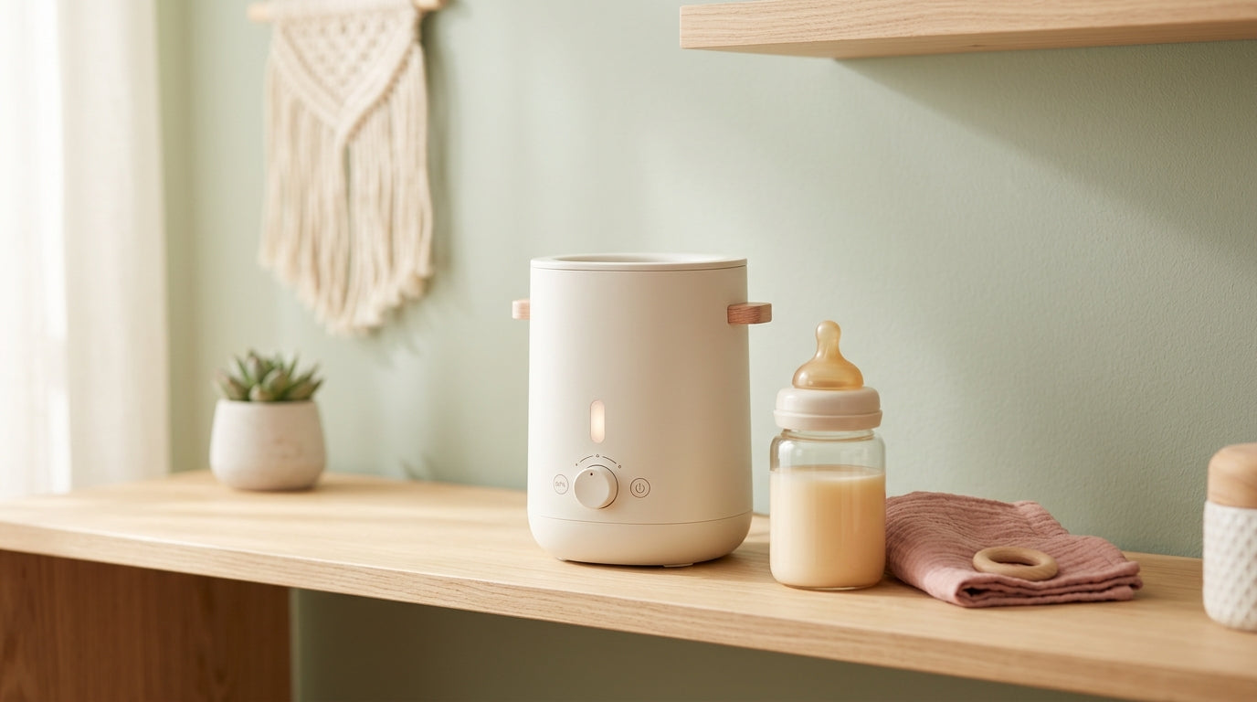 A sleep deprived mom holding a glass baby bottle in a dark nursery.
