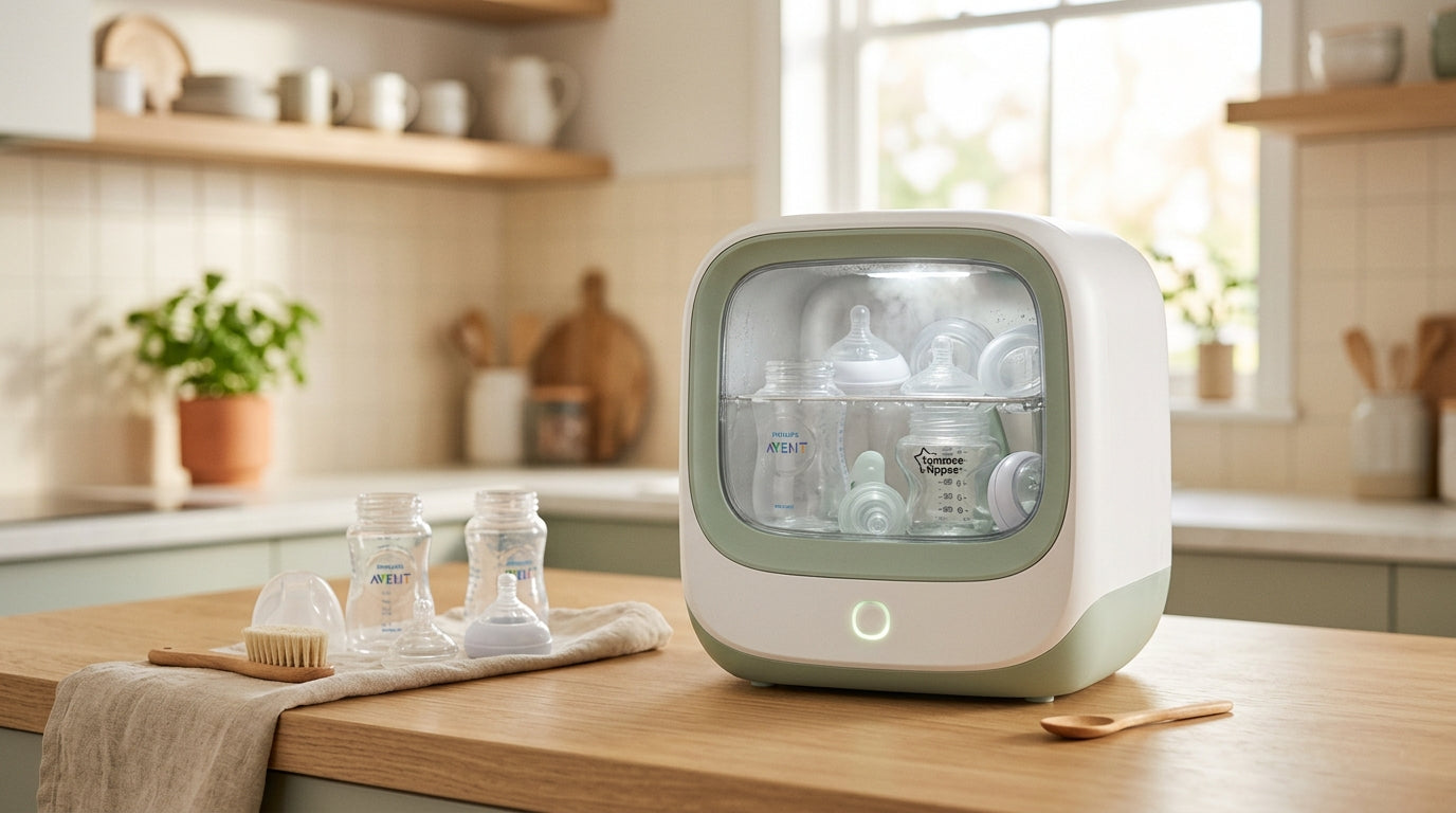 A sleep-deprived mom staring at a massive pile of dirty baby bottles in a kitchen sink.