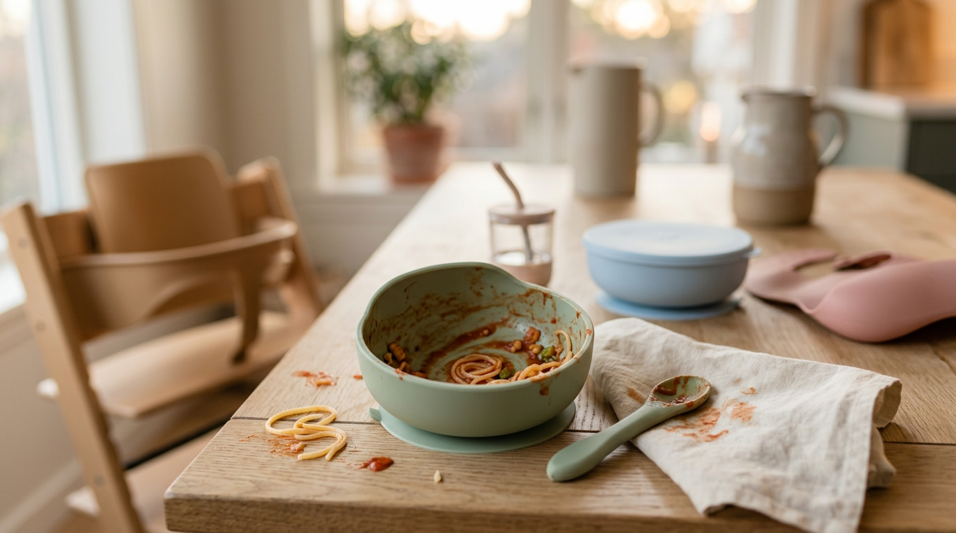 A dad covered in marinara sauce looking at a silicone suction bowl stuck to a high chair.