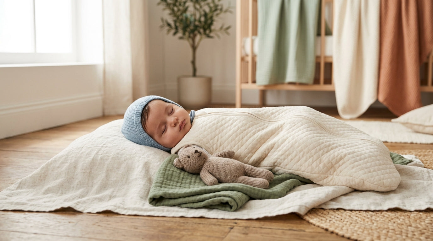 A confused baby boy wearing an oversized knit beanie in a stroller