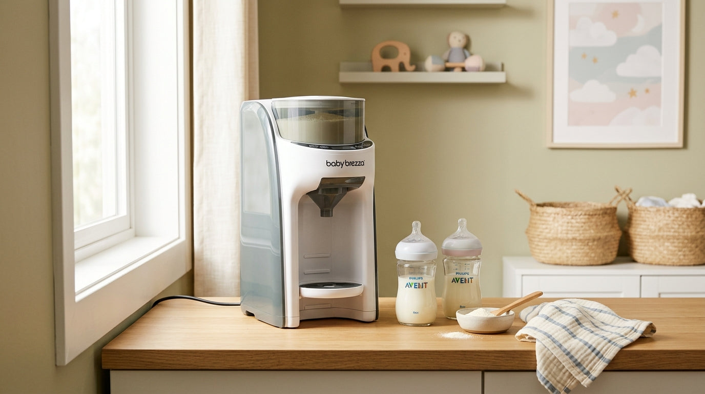 A tired dad leaning against the kitchen counter next to a Baby Brezza