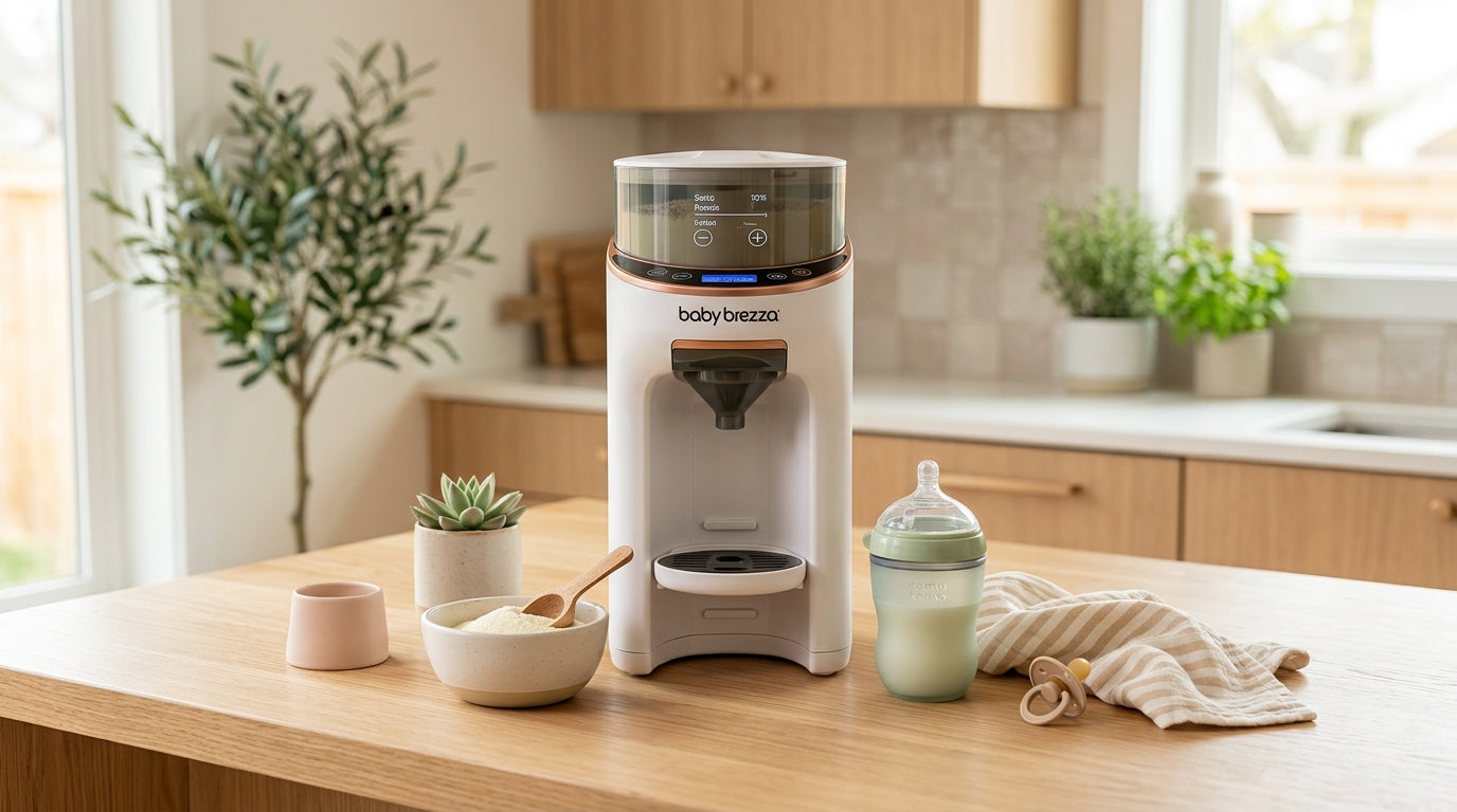 Baby brezza machine sitting on a dark kitchen counter