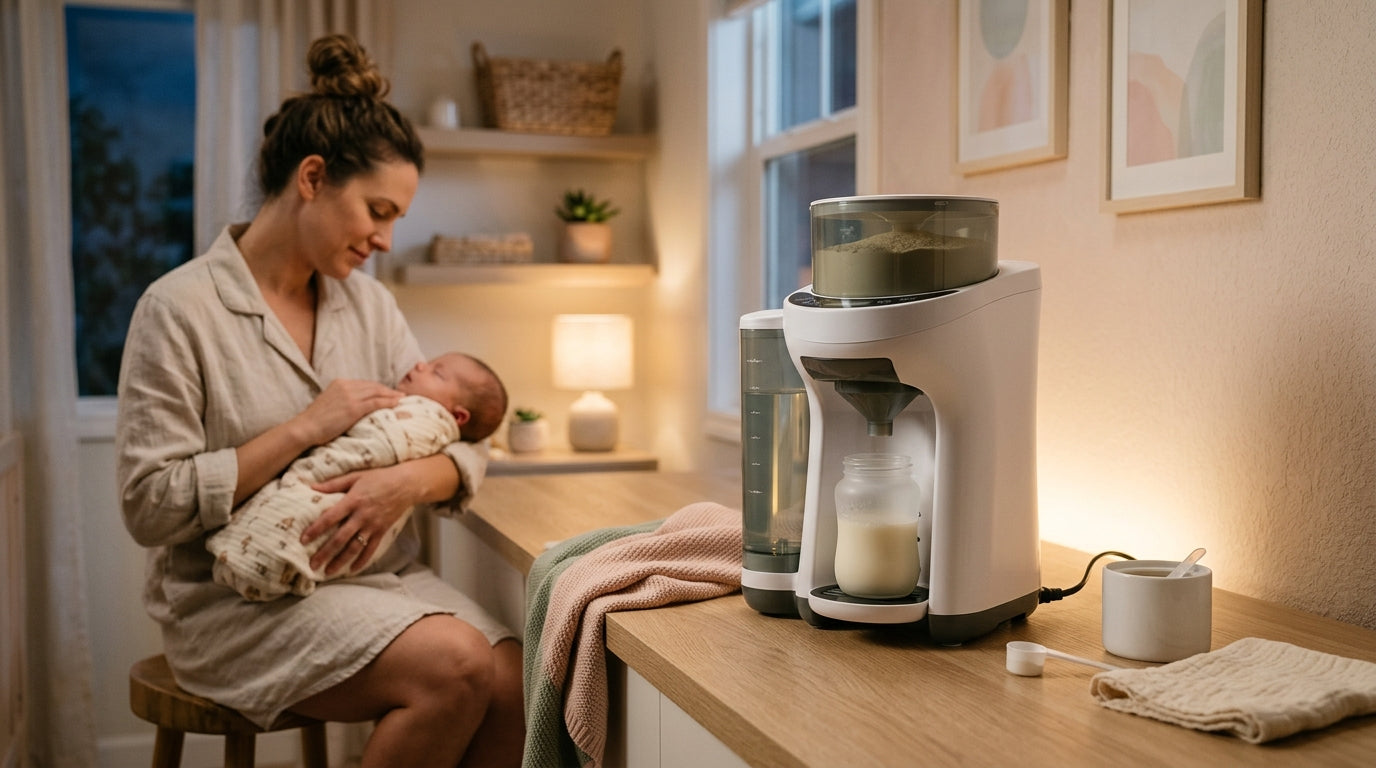 A tired father staring suspiciously at a glowing formula machine in a dark kitchen.