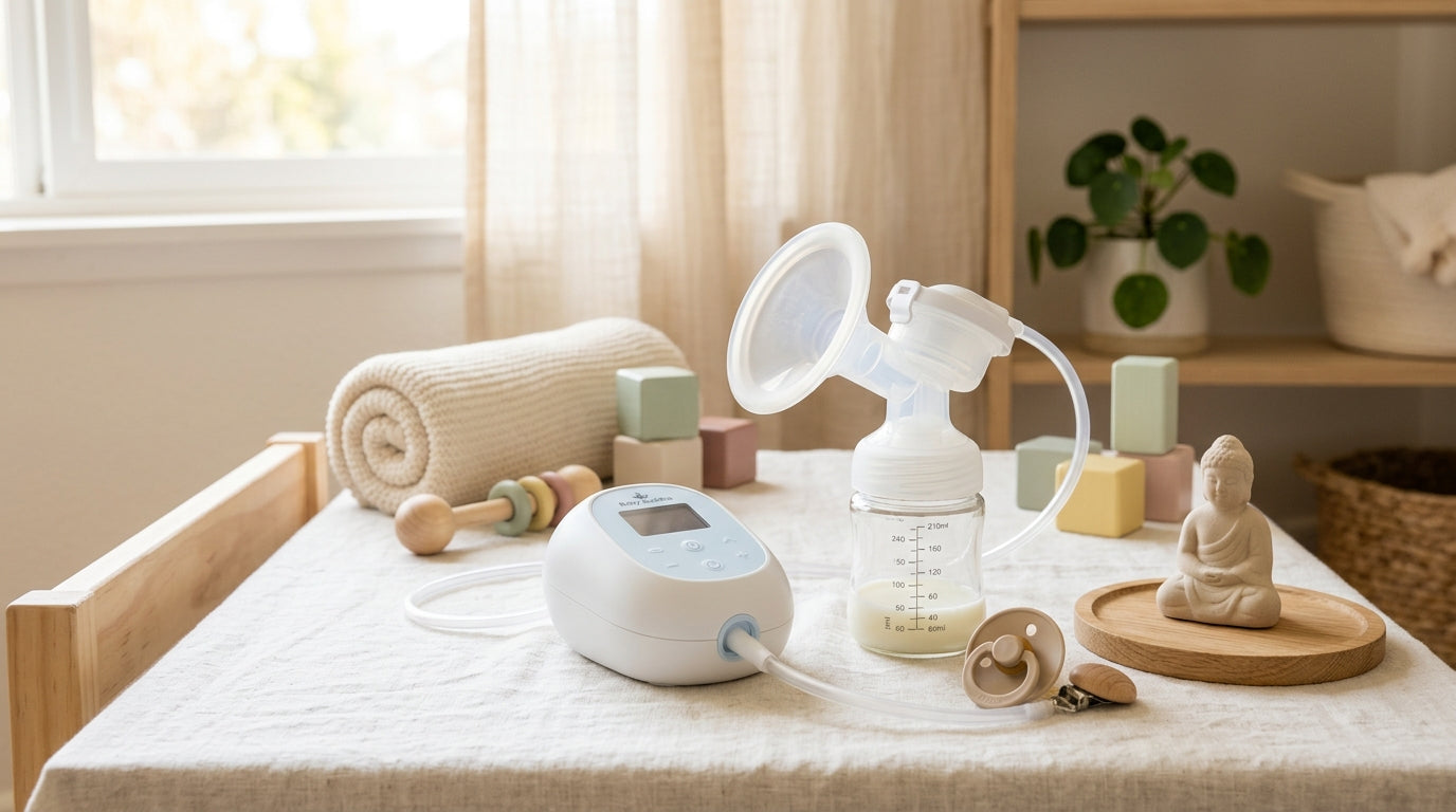 A small black portable breast pump sitting on a bedside table next to a coffee cup.