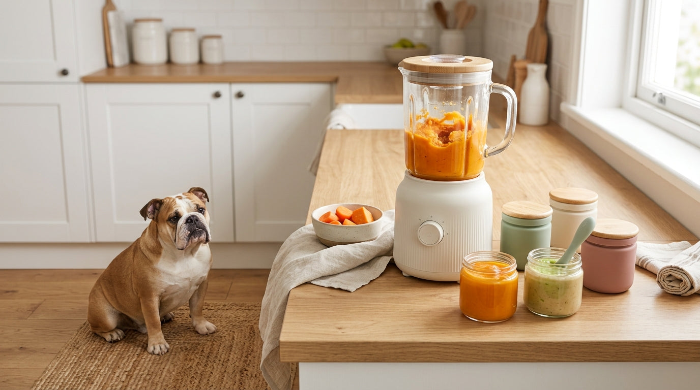 A messy baby bull phase with a bulldog staring at pureed carrots