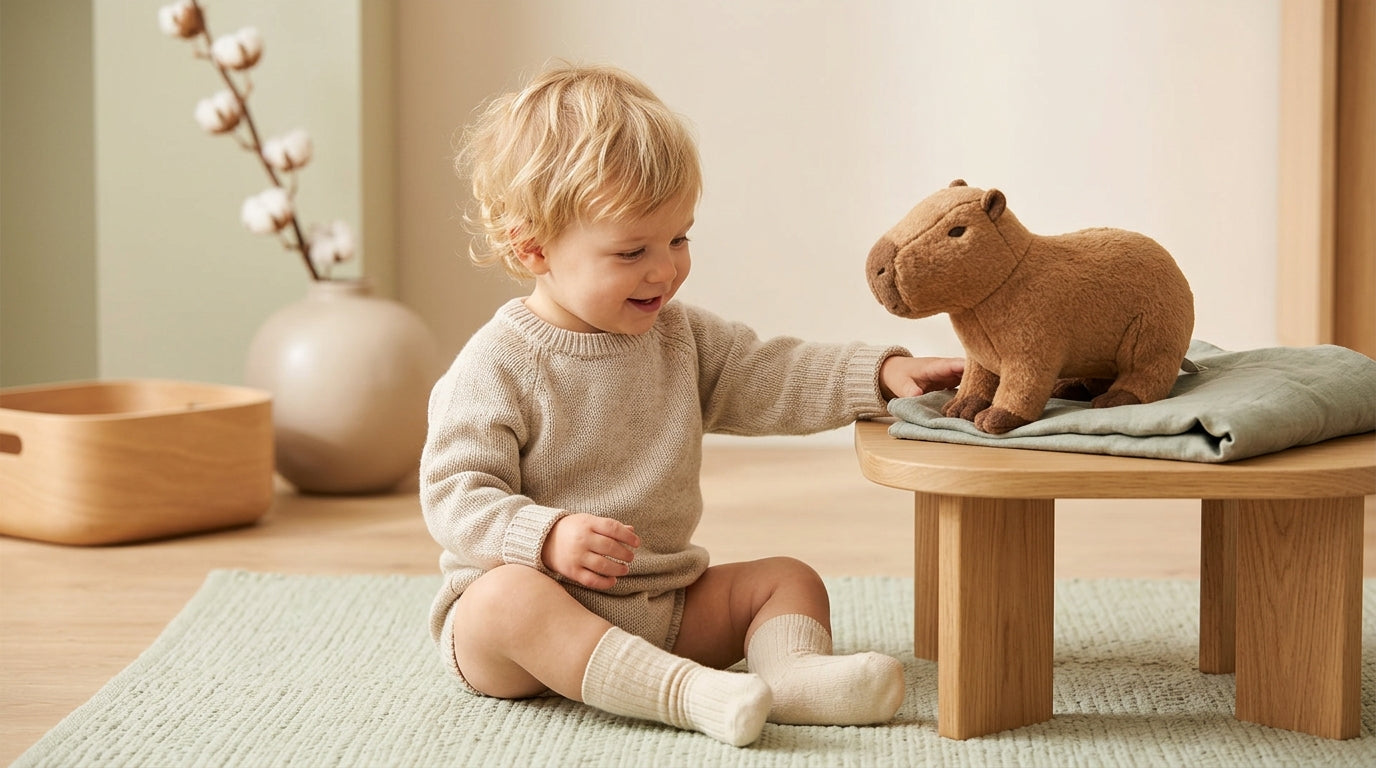 A toddler looking at a baby capybara in a zoo enclosure