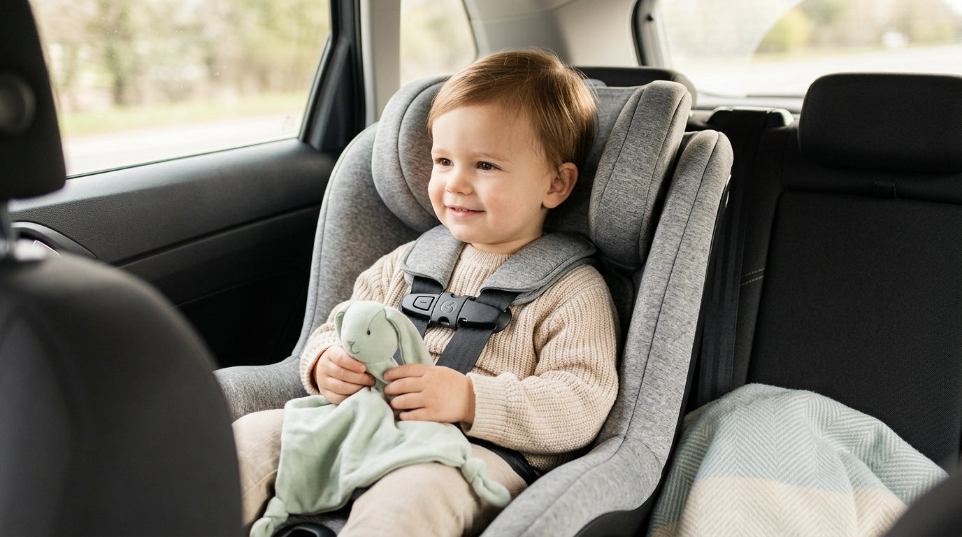A frustrated parent installing a convertible car seat in the back of a small SUV.