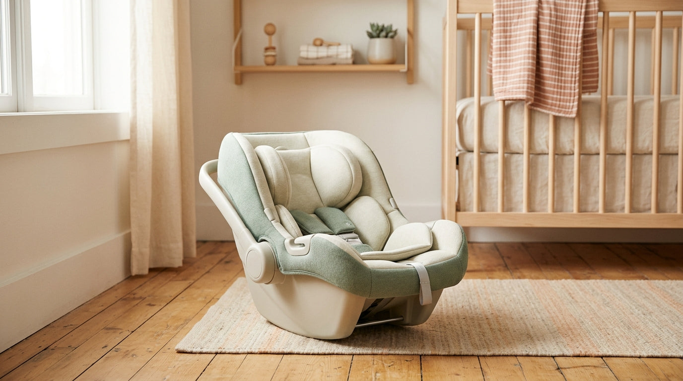 Tired mom holding a toddler and a coffee next to a car seat in a messy minivan