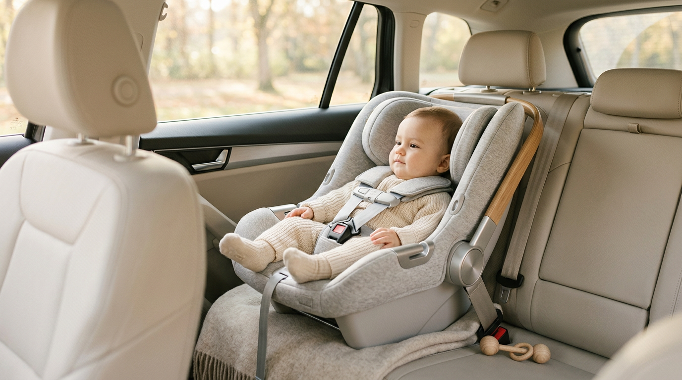 Pediatric nurse Priya checking the harness tension on a rear-facing baby car seat