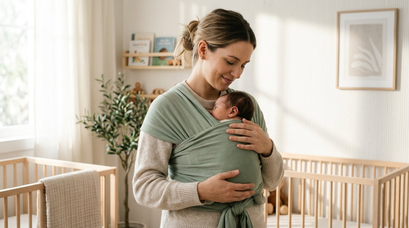 Exhausted mom drinking coffee while wearing a newborn in a stretchy fabric sling