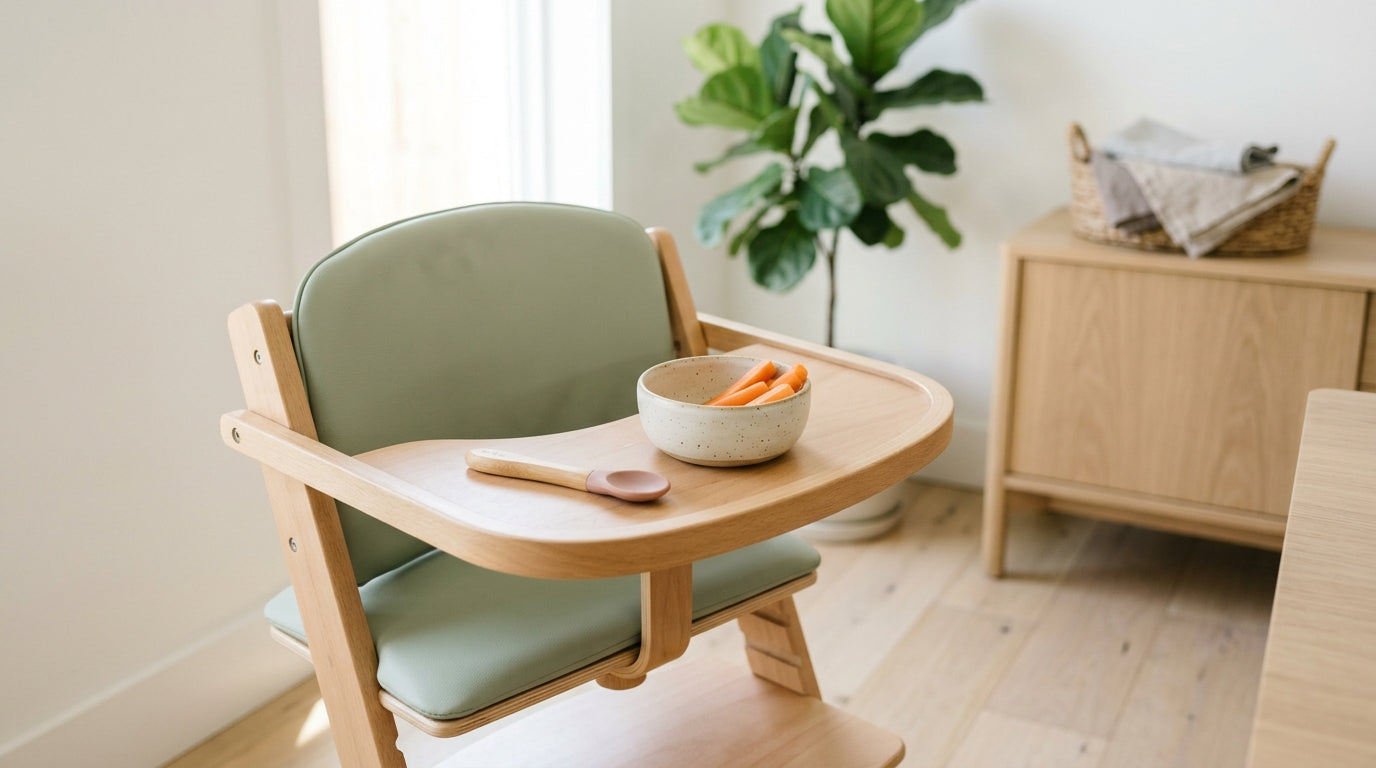 Baby eating sweet potatoes in a white plastic high chair with wooden footrest attached