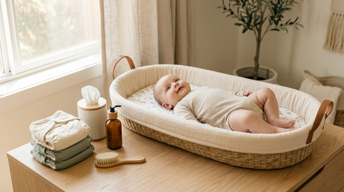 A modern nursery setup featuring a wipeable baby changing pad on a wooden dresser.