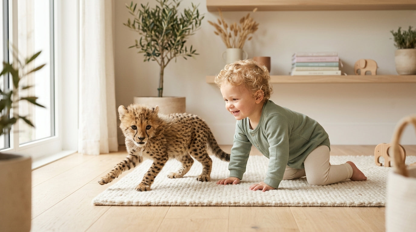 A cute cheetah cub playing in the grass looking very confused