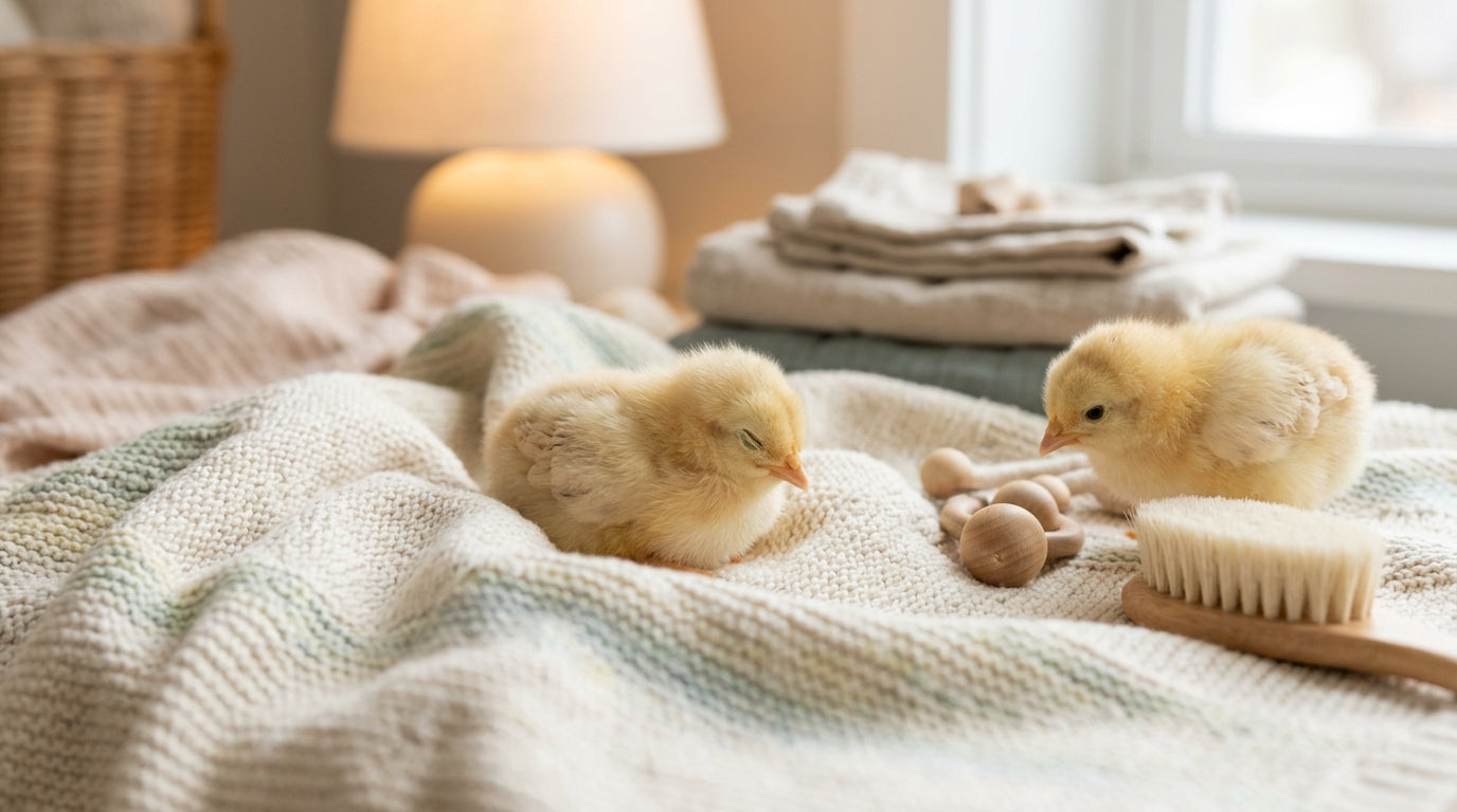A stressed dad holding a thermometer over a baby chick brooder box
