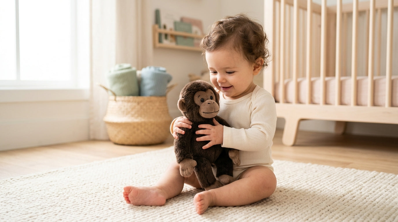 Mother holding her sleeping infant in a dimly lit nursery room