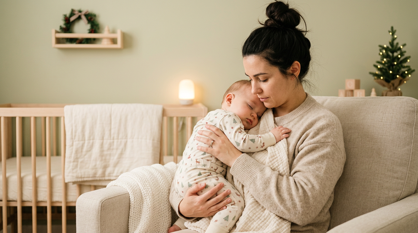 An exhausted mom holding a crying baby in red and green matching holiday pajamas.