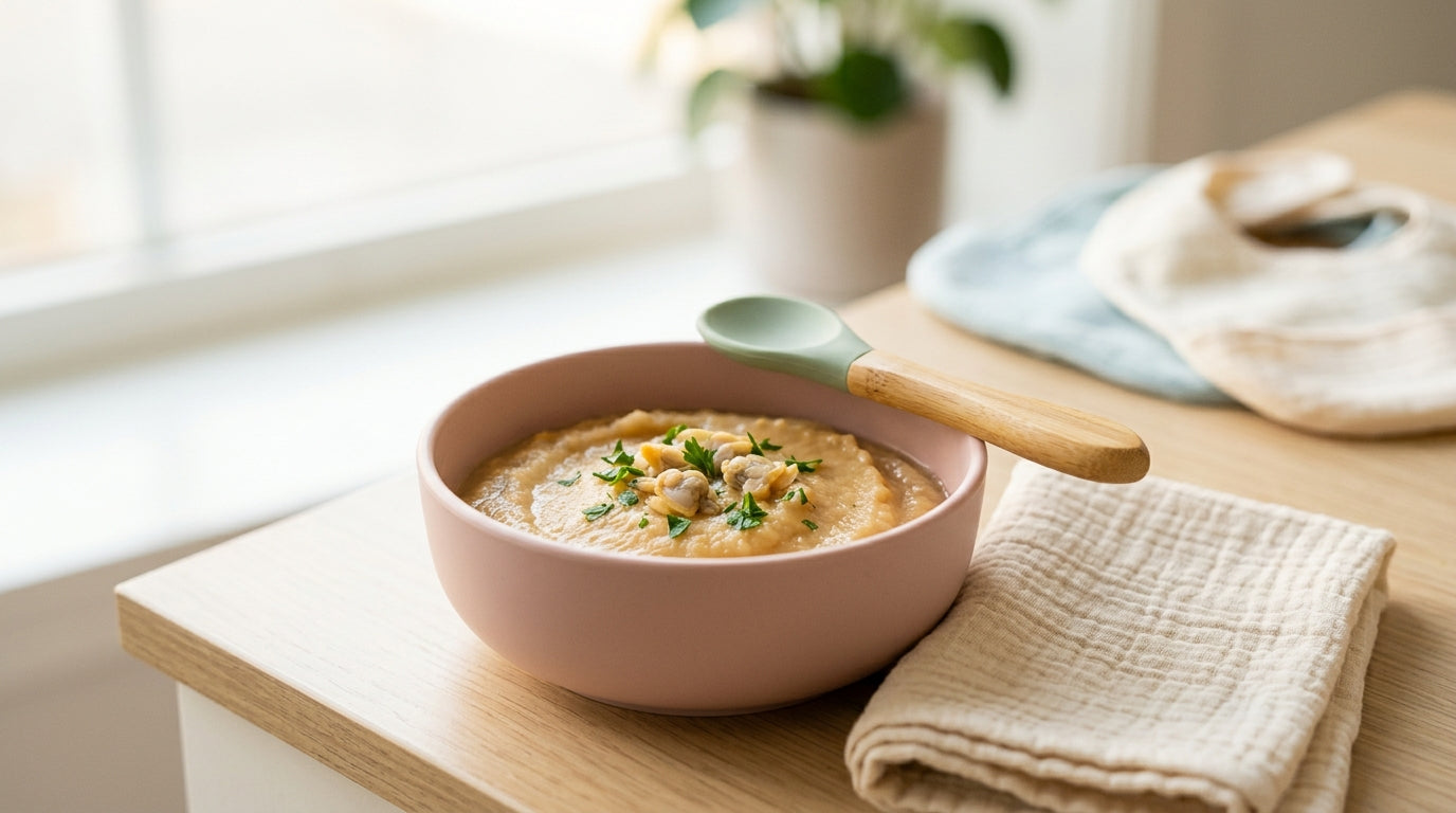 Toddler covered in pasta sauce containing finely minced bivalves