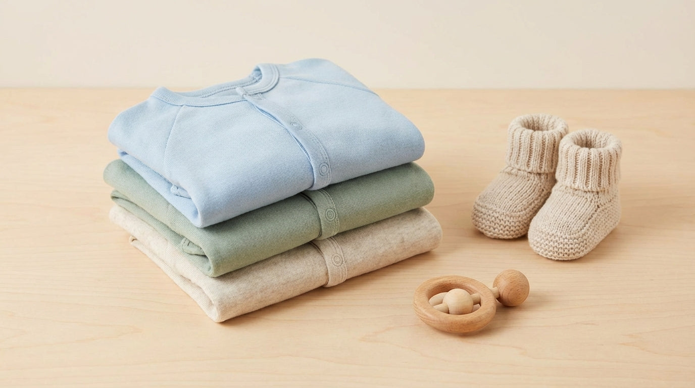 Baby boy in comfortable organic cotton bodysuit rolling on a playmat