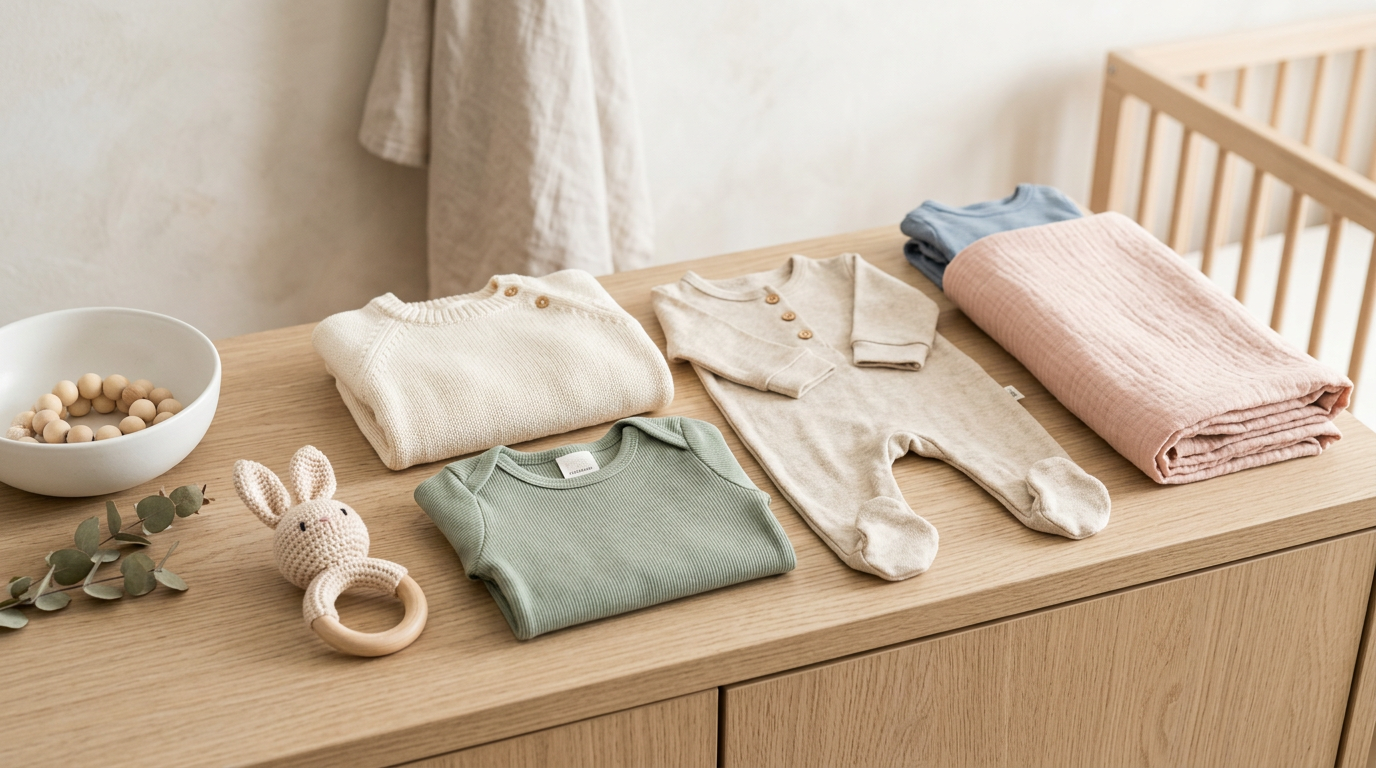 A tired mother folding tiny organic baby clothes on a bed