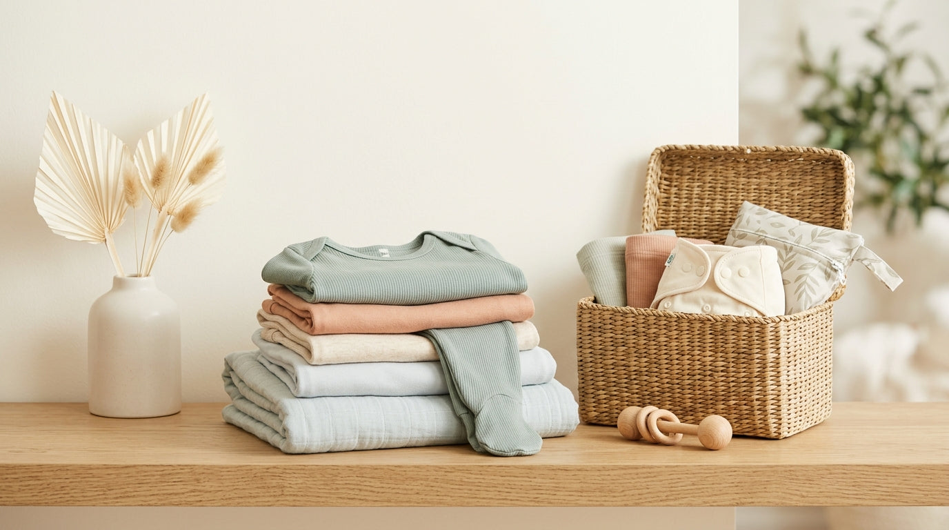 A folded stack of neutral organic cotton infant shirts next to a wooden pacifier clip.