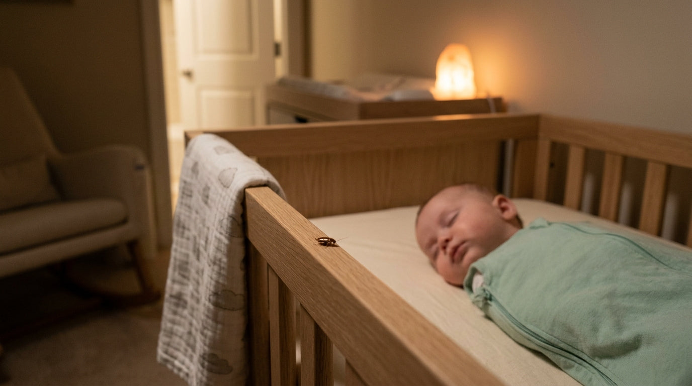 A close up of a baby's hand reaching near a baseboard in a nursery.