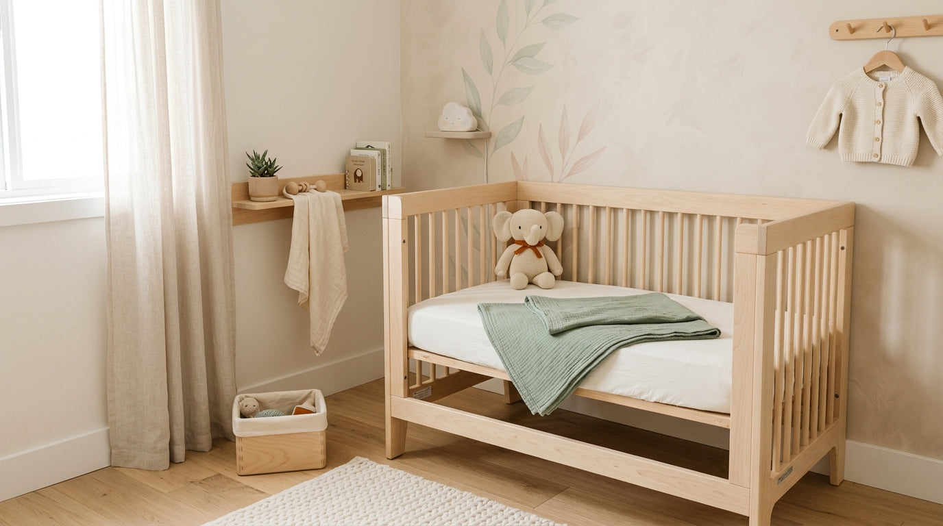 A stressed mom holding a coffee mug looking down at the nursery baseboards