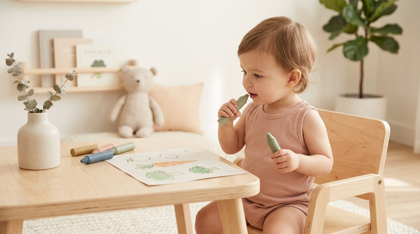 A half-eaten green crayon on a messy highchair tray next to a scribbled paper